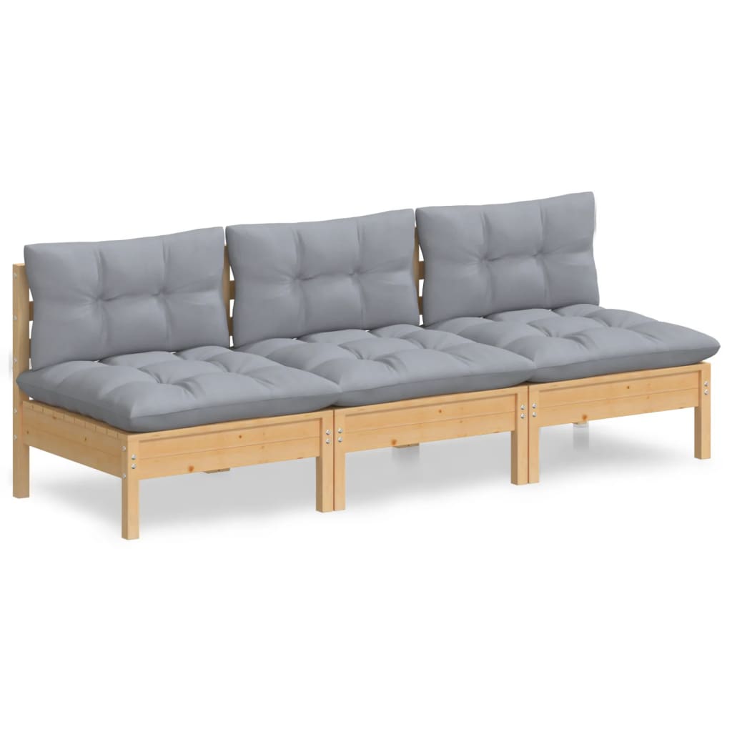 3-Seater Garden Sofa with Gray Cushions Solid Pine Wood