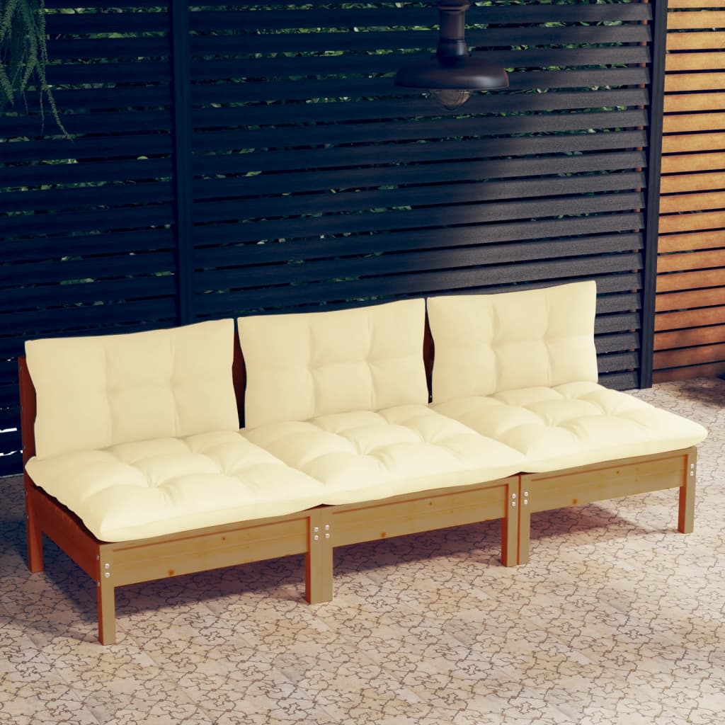 3 seater garden sofa with cream cushions solid pine wood