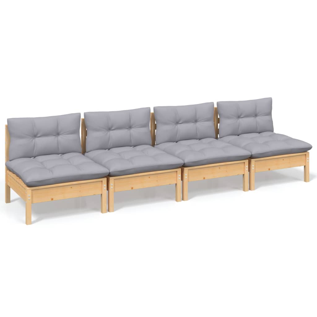 4-Seater Garden Sofa with Gray Cushions Solid Pine Wood