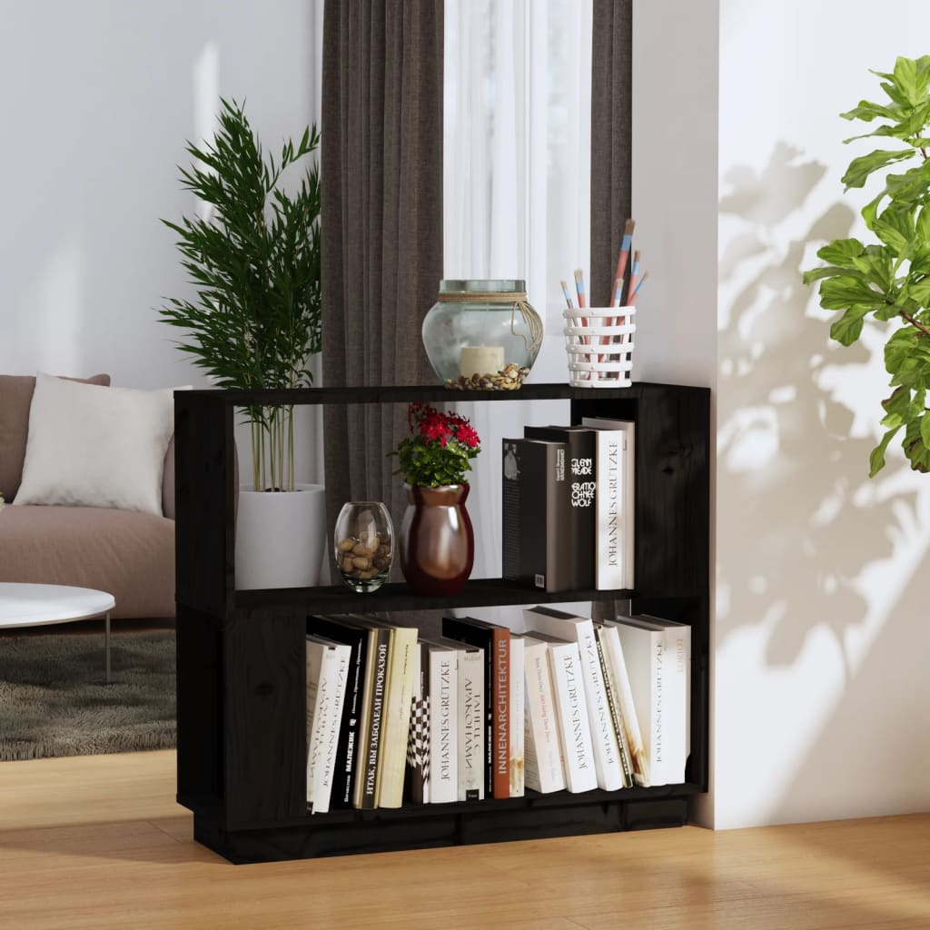 Bookcase/room divider black 80x25x70 cm solid pine wood