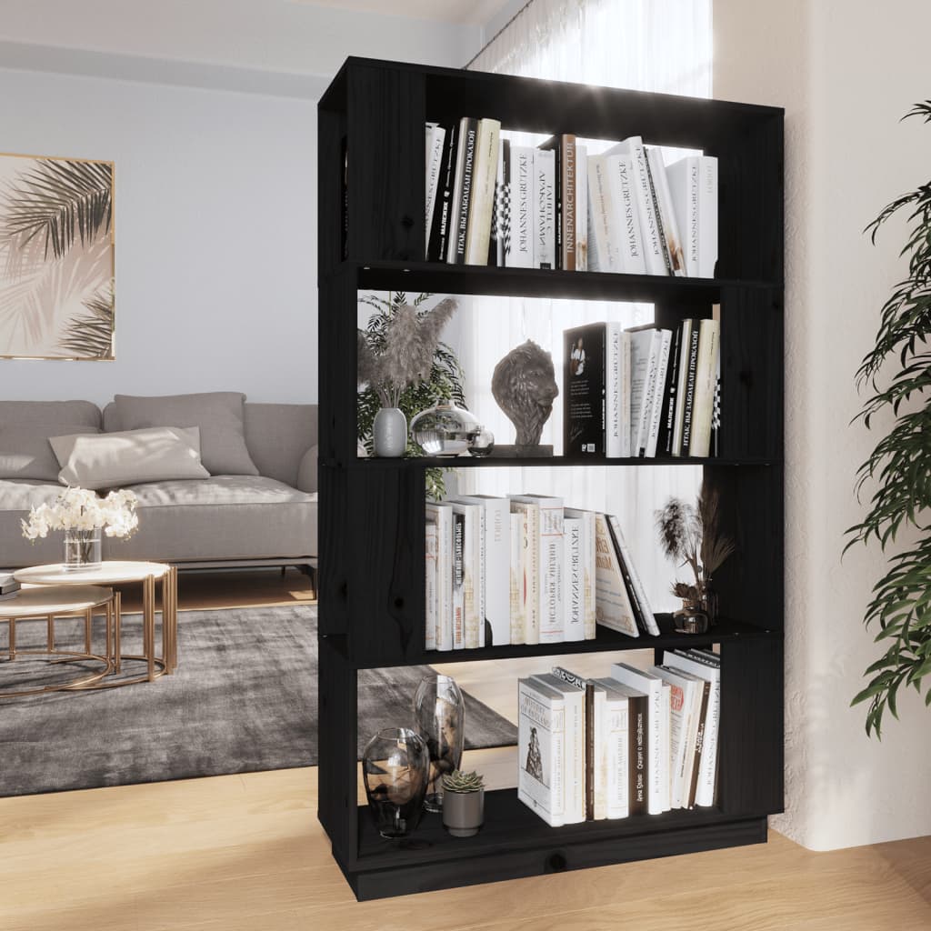 Bookcase/room divider black 80x25x132 cm solid pine wood