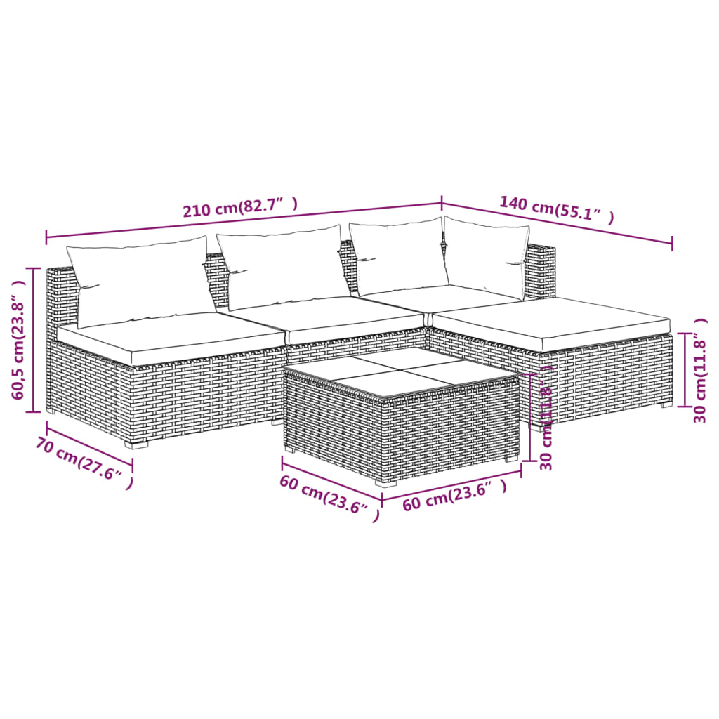 5-tlg. Garten-Lounge-Set mit Kissen Poly Rattan Braun