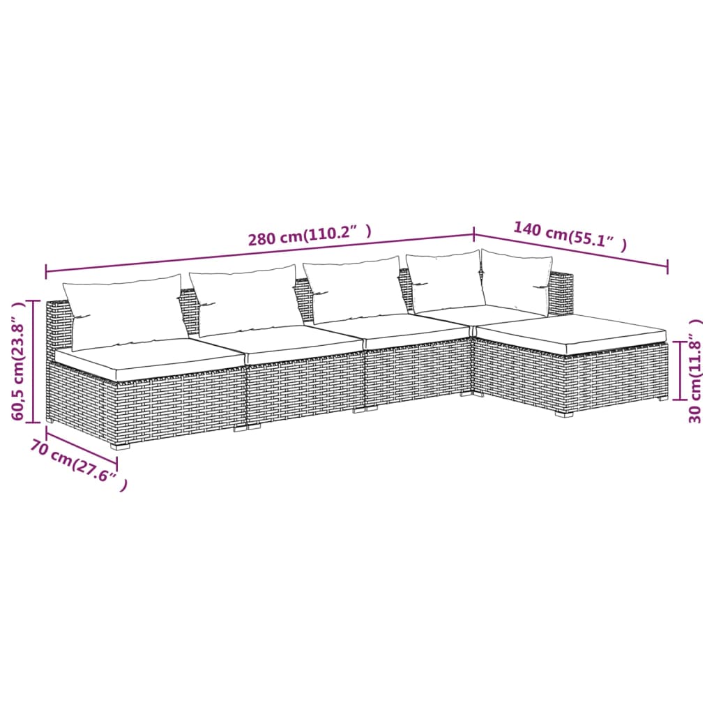 5-tlg. Garten-Lounge-Set mit Kissen Poly Rattan Braun