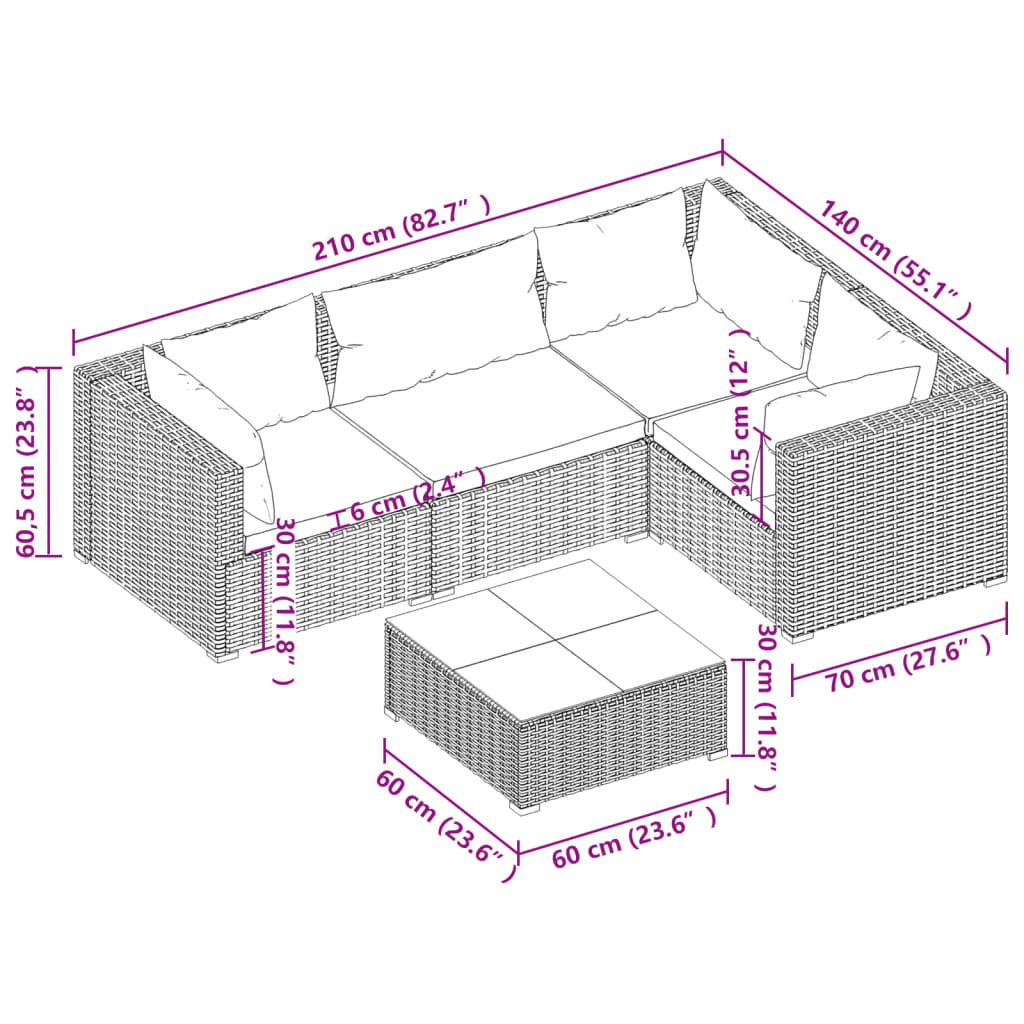 5 pcs. Garden lounge set with cushions poly rattan brown