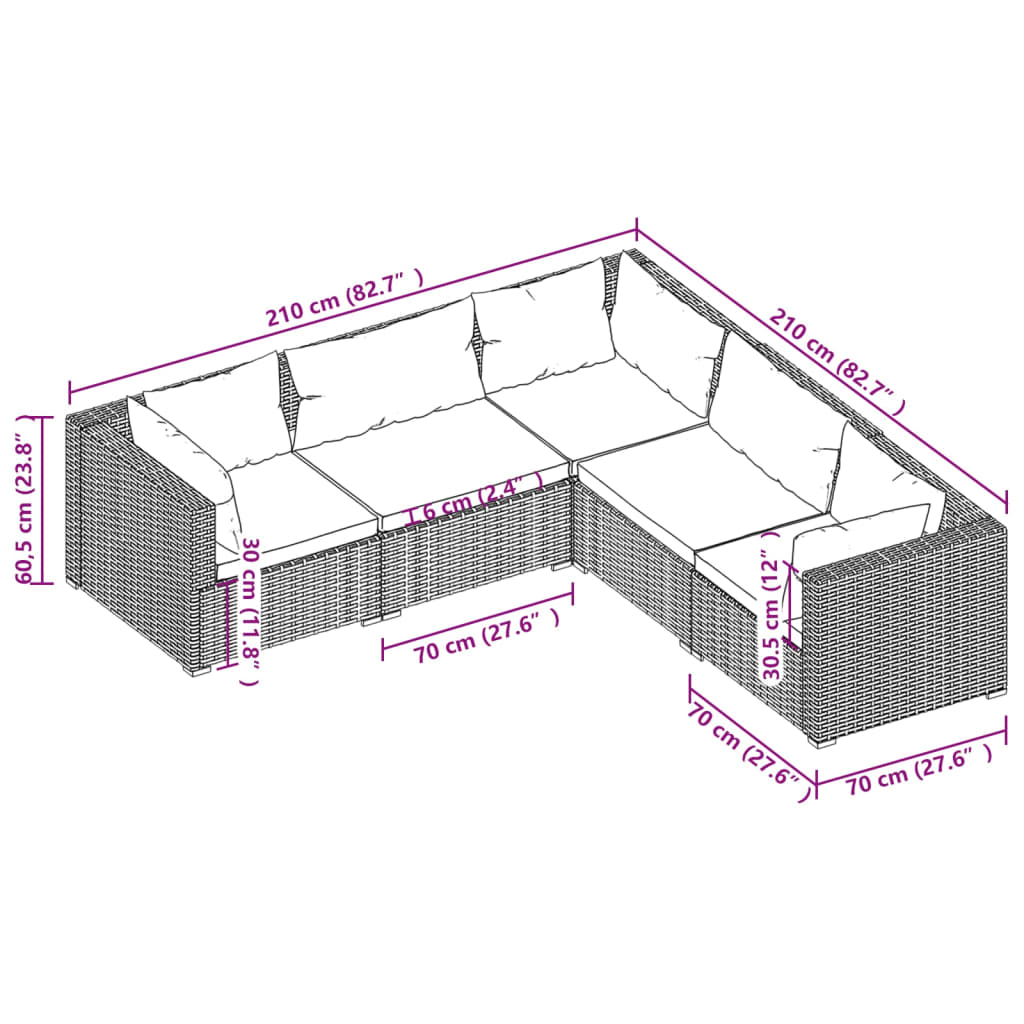 5 pcs. Garden lounge set with cushions poly rattan brown