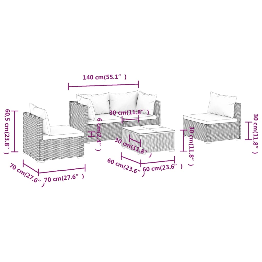 5-tlg. Garten-Lounge-Set mit Kissen Poly Rattan Braun