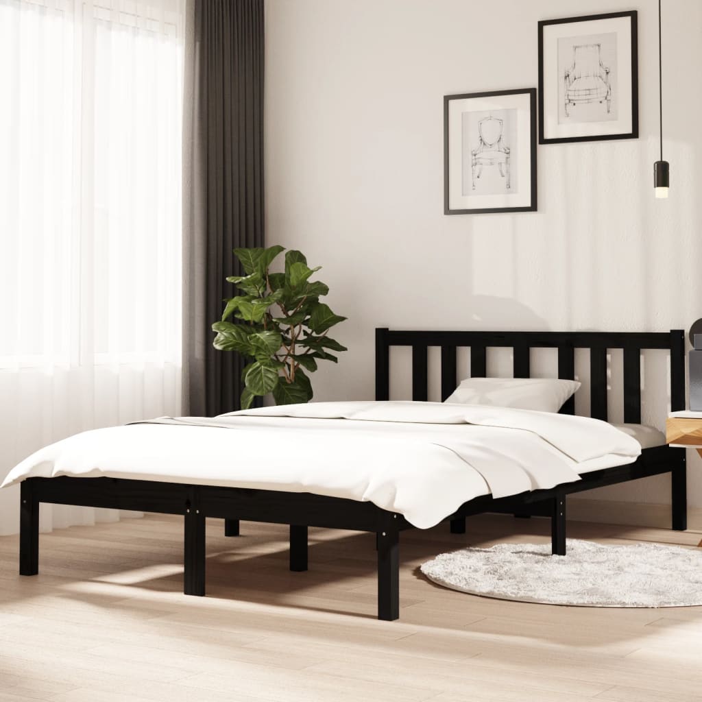 Solid Wood Bed Black 120x190 cm 4FT Small Double