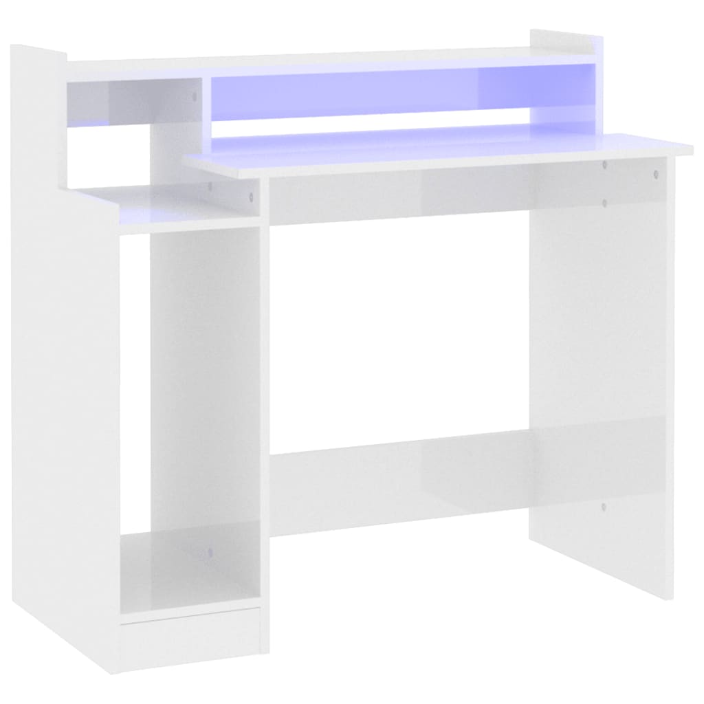 Desk with LEDs high-gloss white 97x45x90 cm made of wood