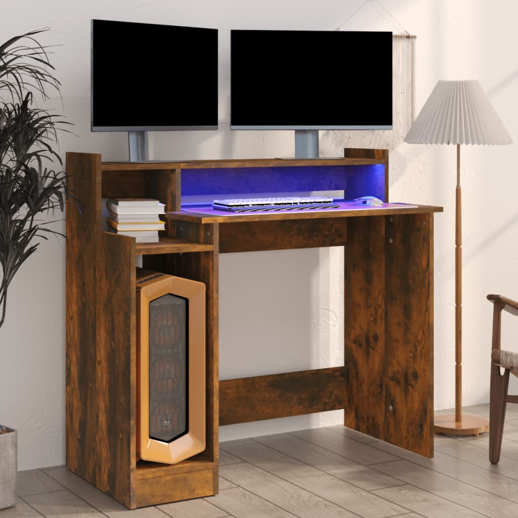 Desk with LEDs smoked oak 97x45x90 cm wood material