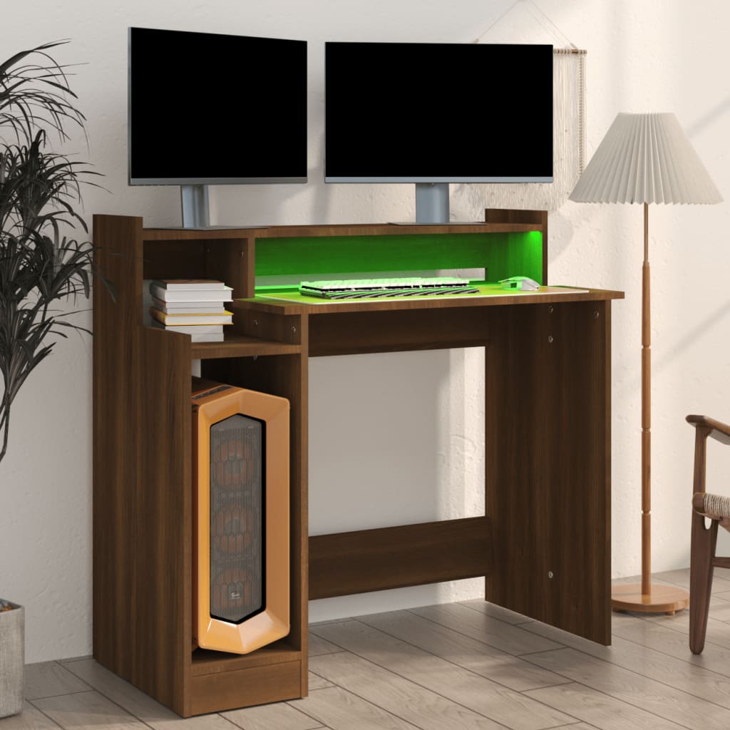 Desk with LEDs brown oak look 97x45x90 wood material
