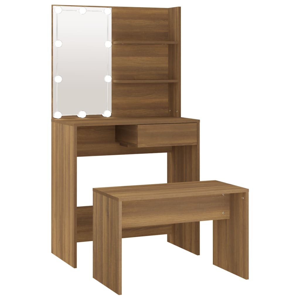 Dressing table set with LED brown oak look wood material