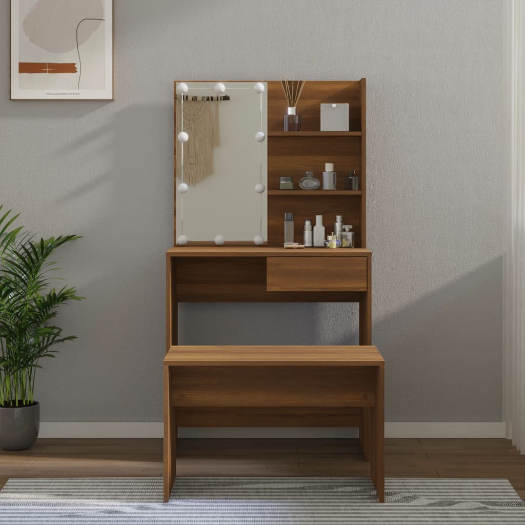 Dressing table set with LED brown oak look wood material