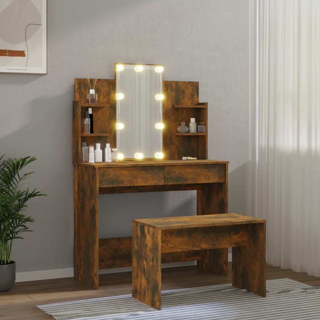 Dressing table set with LED smoked oak wood material