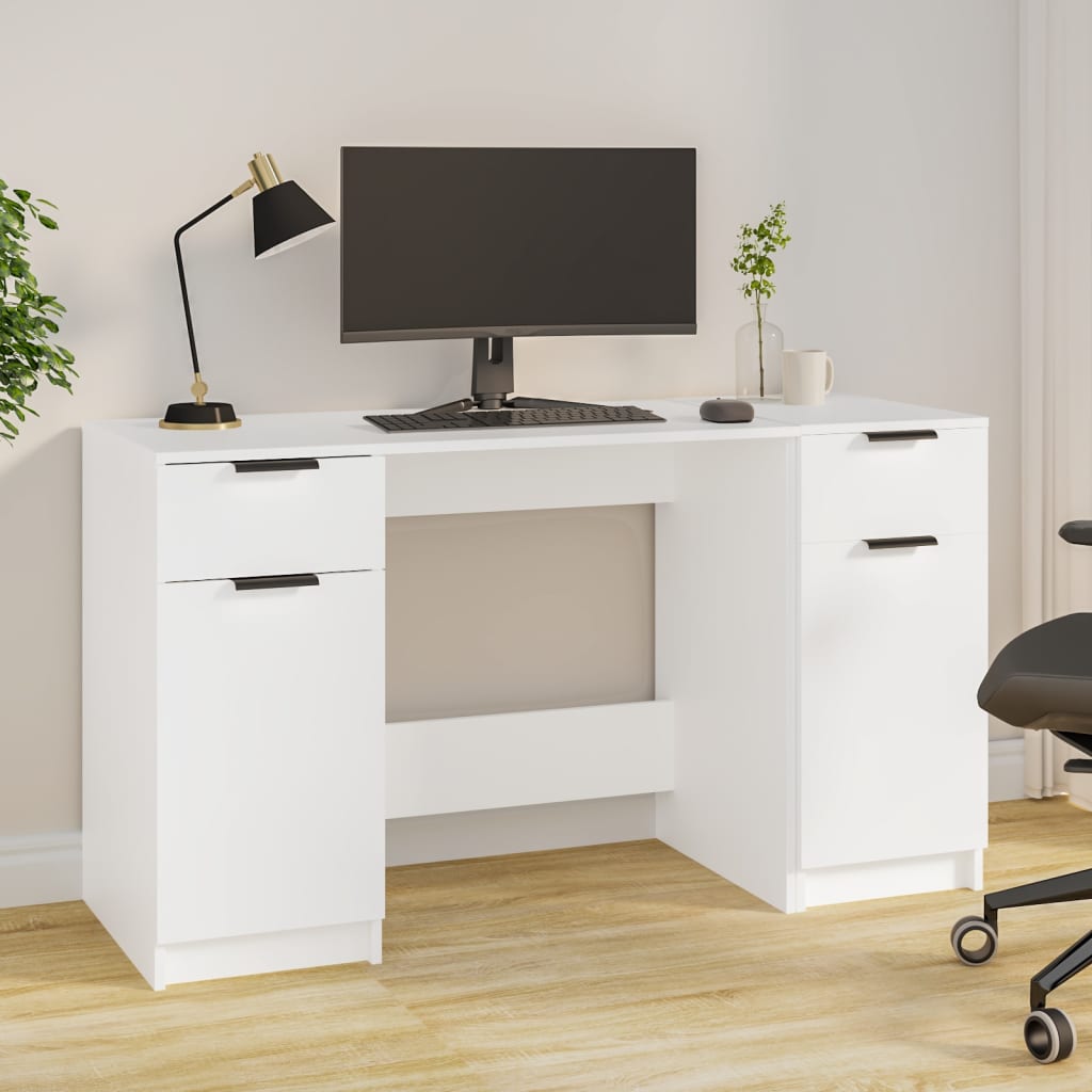 Desk with side cabinet made of white wood material