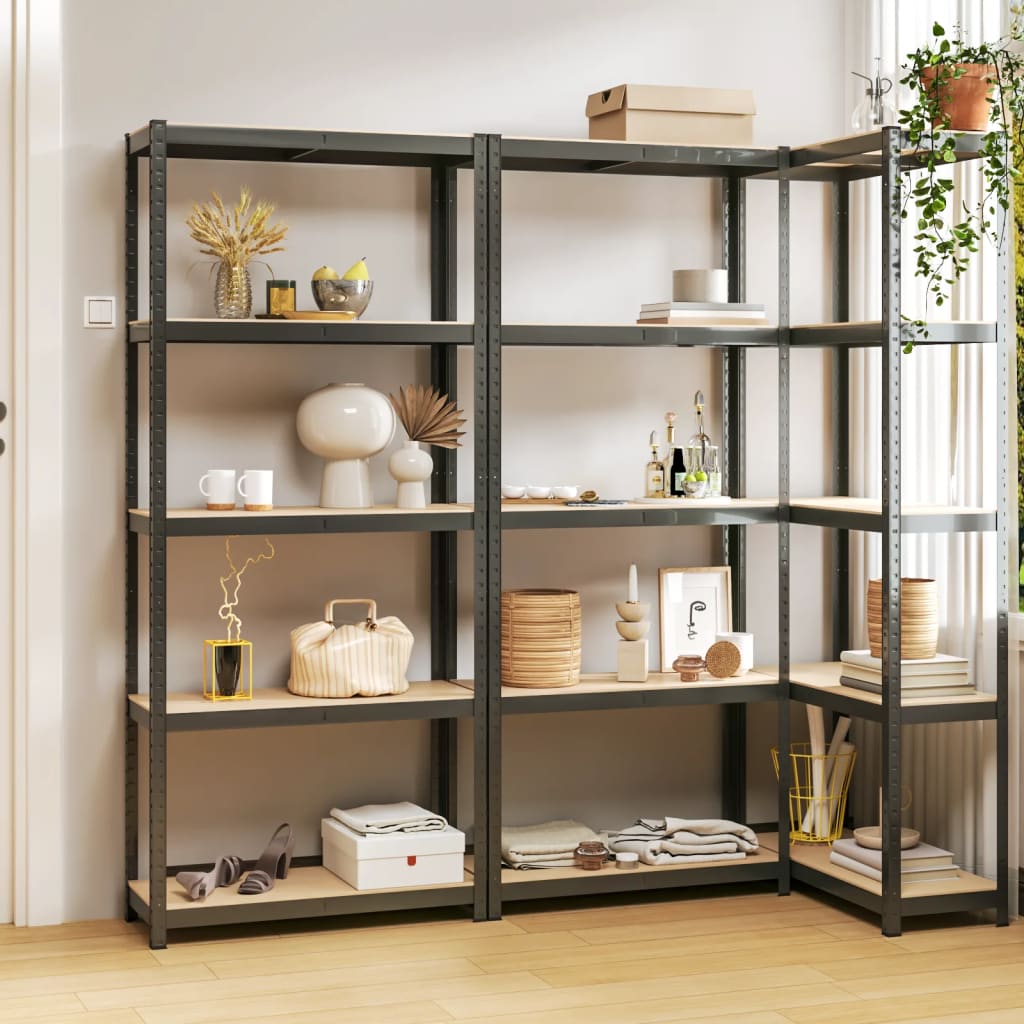 Shelves with 5 shelves 3 pcs. Anthracite steel &amp; wood material