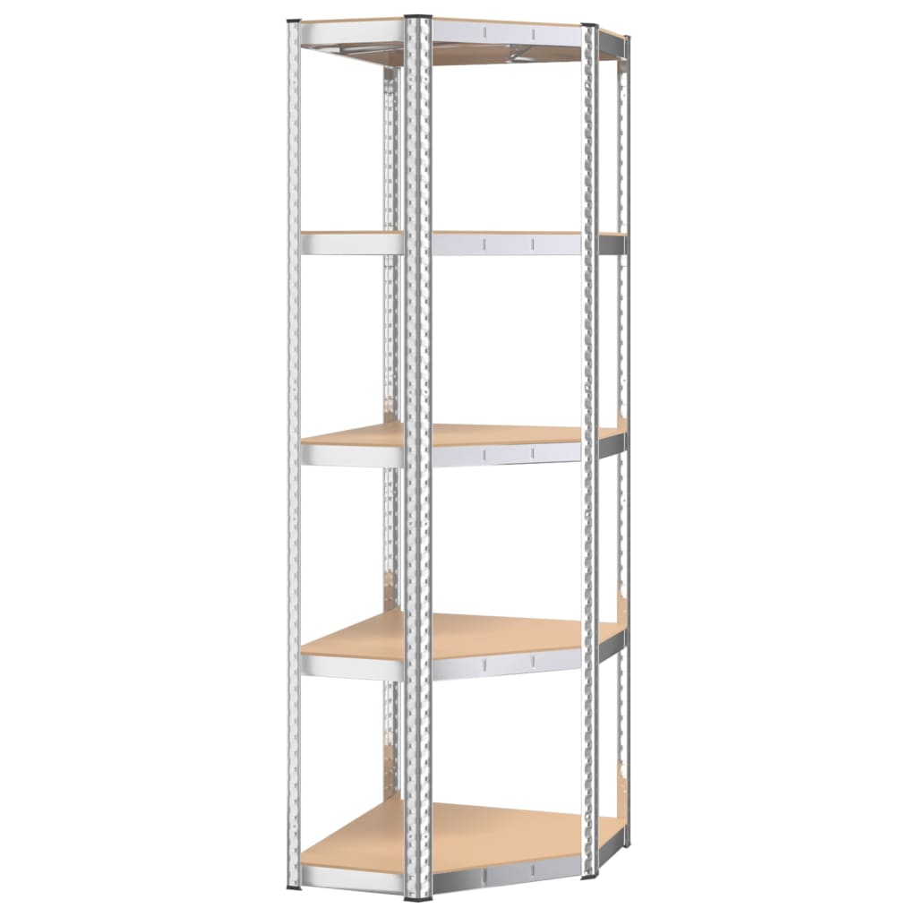 Corner shelf with 5 shelves in silver steel and wood material