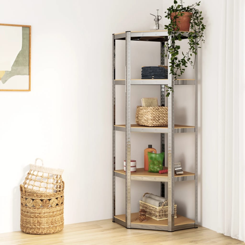 Corner shelf with 5 shelves in silver steel and wood material