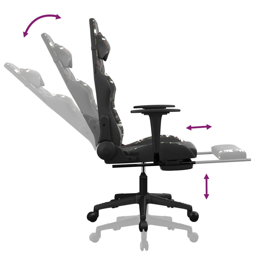 Gaming chair with massage footrest black camouflage faux leather