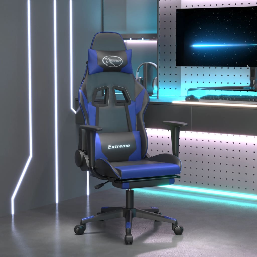 Gaming Chair with Massage &amp; Footrest Black &amp; Blue Faux Leather