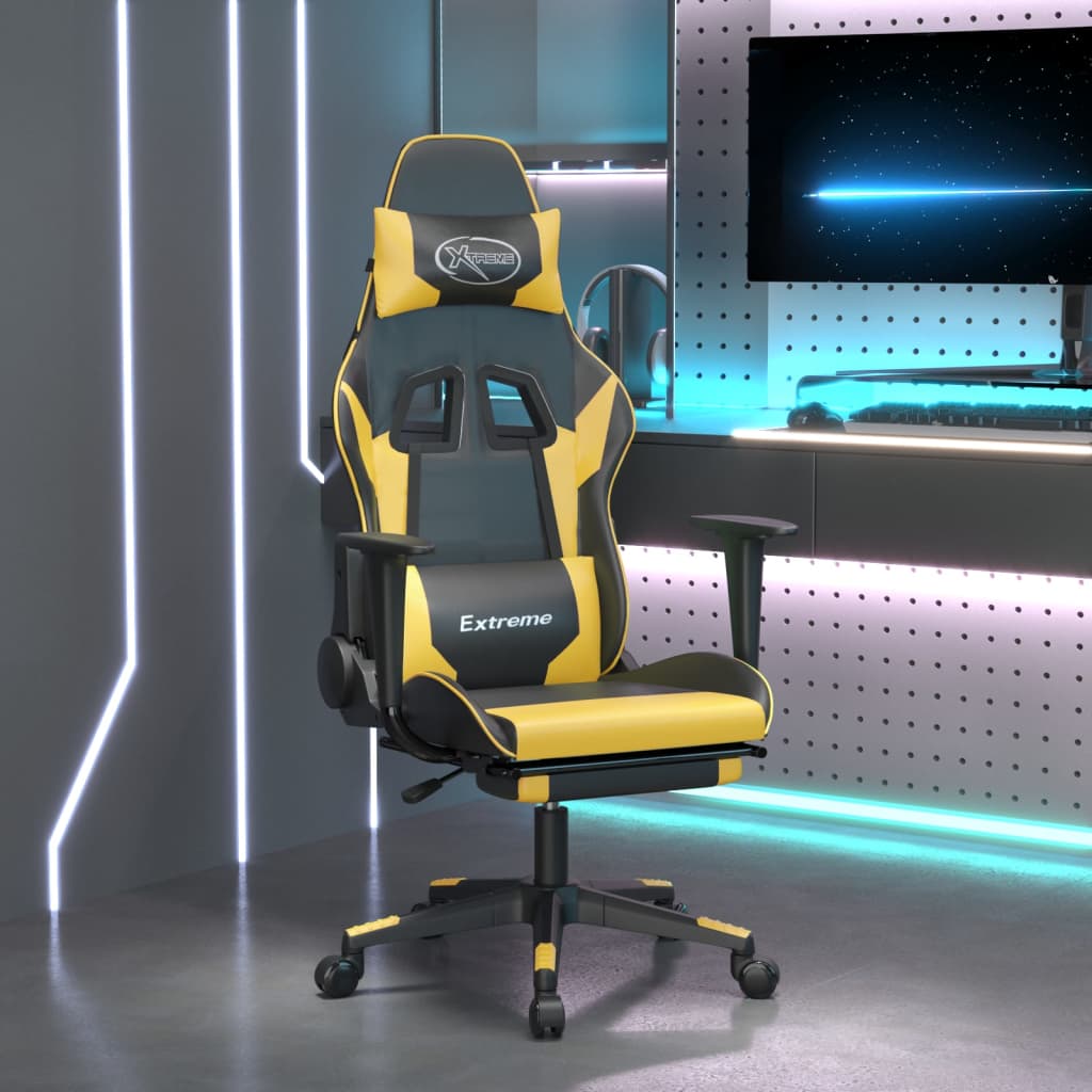 Gaming Chair with Massage &amp; Footrest Black Golden Faux Leather