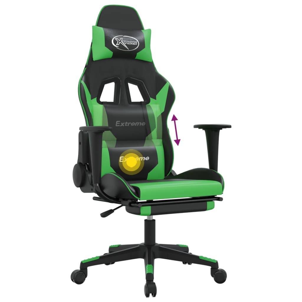 Gaming Chair with Massage &amp; Footrest Black &amp; Green Faux Leather