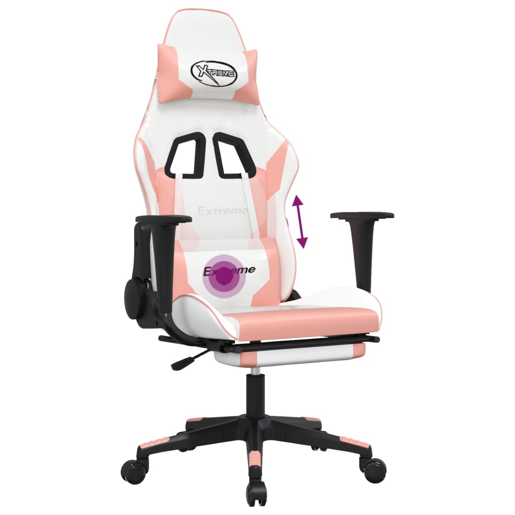 Gaming Chair with Massage &amp; Footrest White &amp; Pink Faux Leather