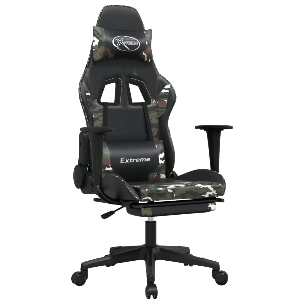 Gaming chair with massage footrest black camouflage faux leather