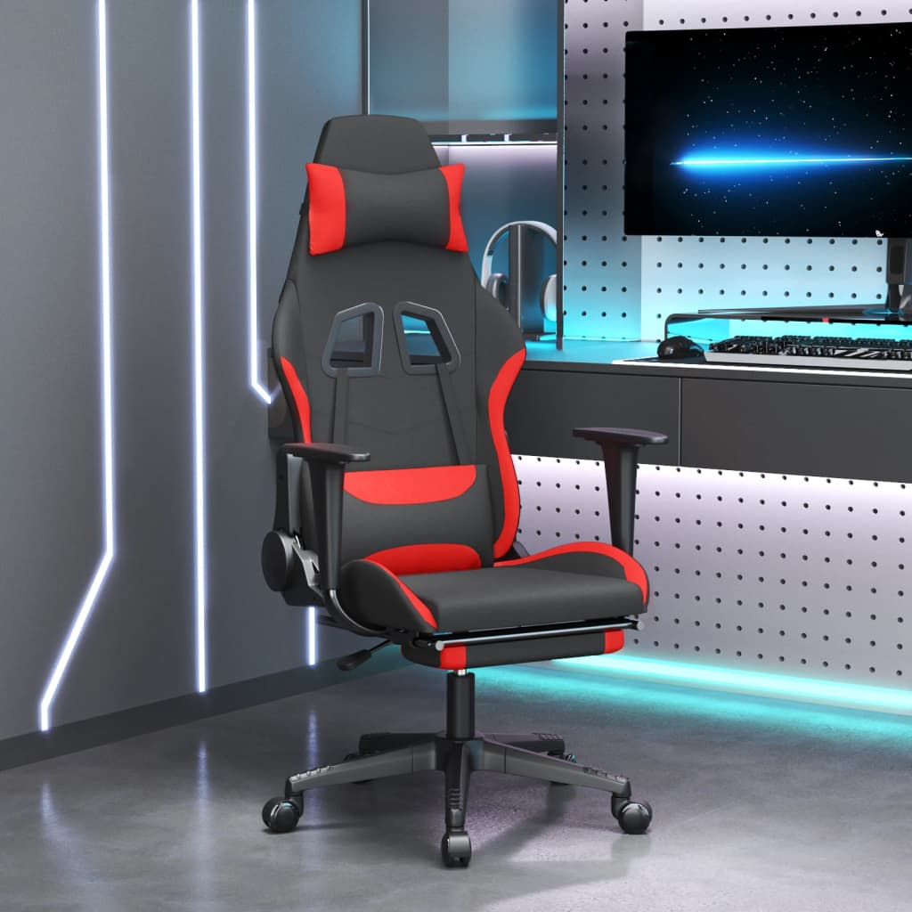 Gaming Chair with Massage &amp; Footrest Black and Red Fabric