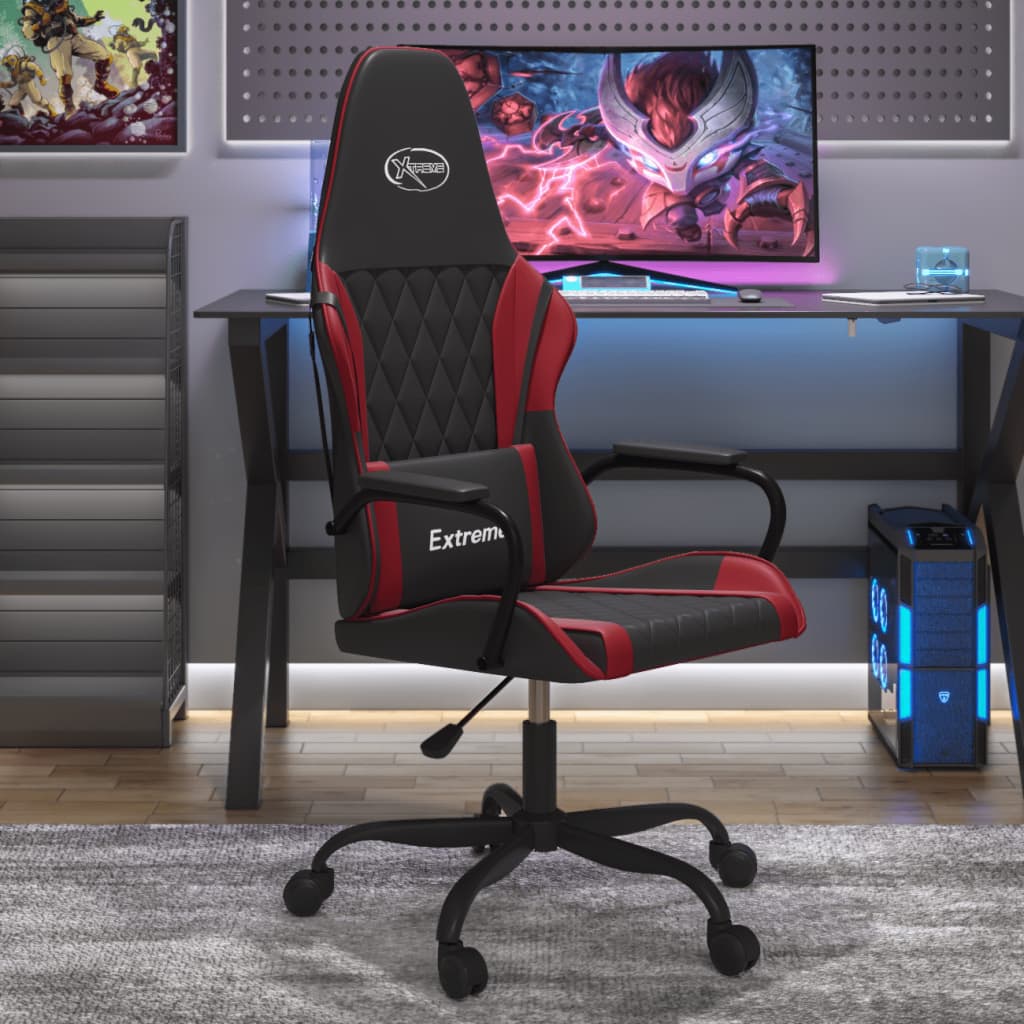 Gaming chair with massage function black and wine red faux leather