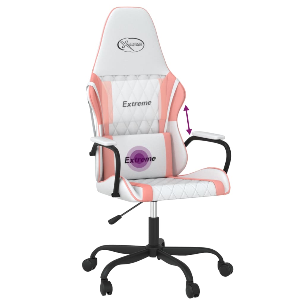 Gaming chair with massage function white and pink faux leather