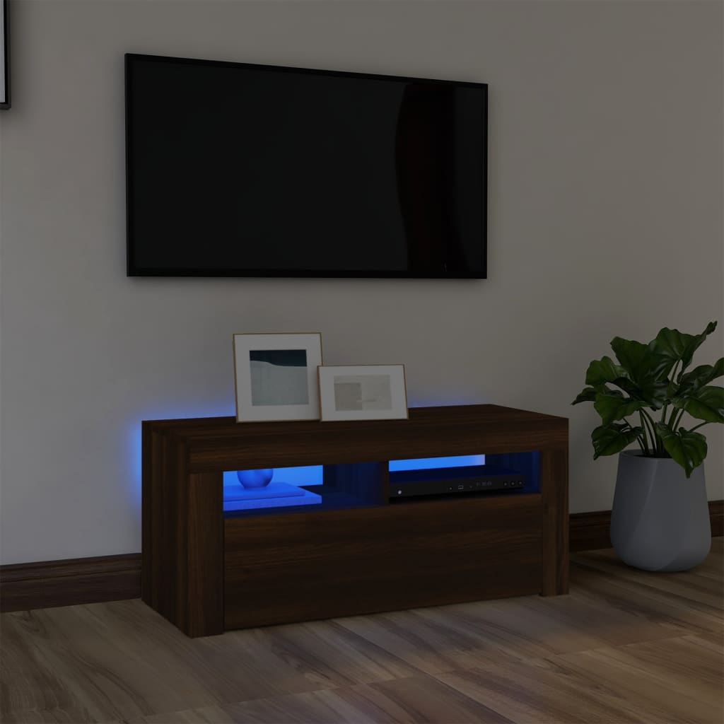 TV cabinet with LED lights brown oak look 90x35x40 cm