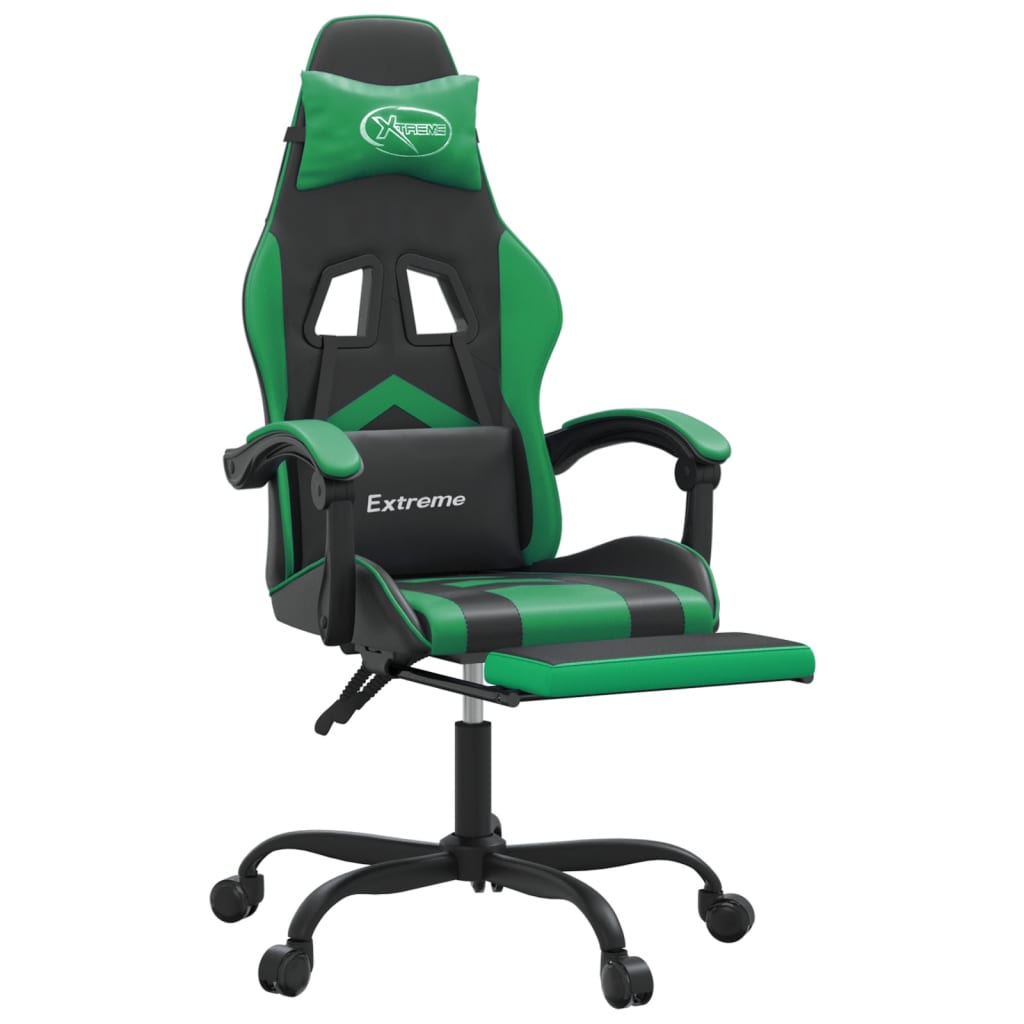 Gaming Chair with Footrest Swivel Black &amp; Green Faux Leather