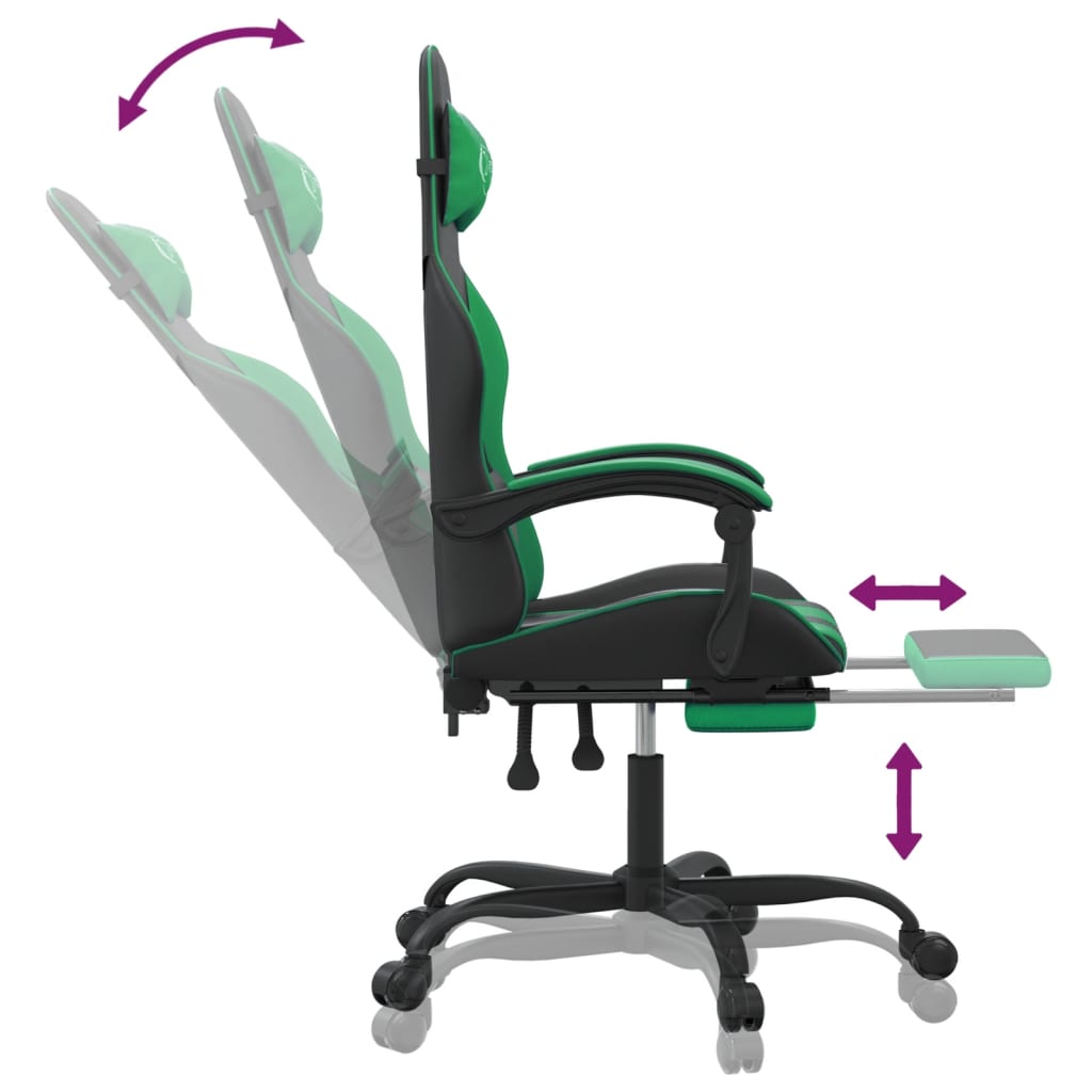 Gaming Chair with Footrest Swivel Black &amp; Green Faux Leather