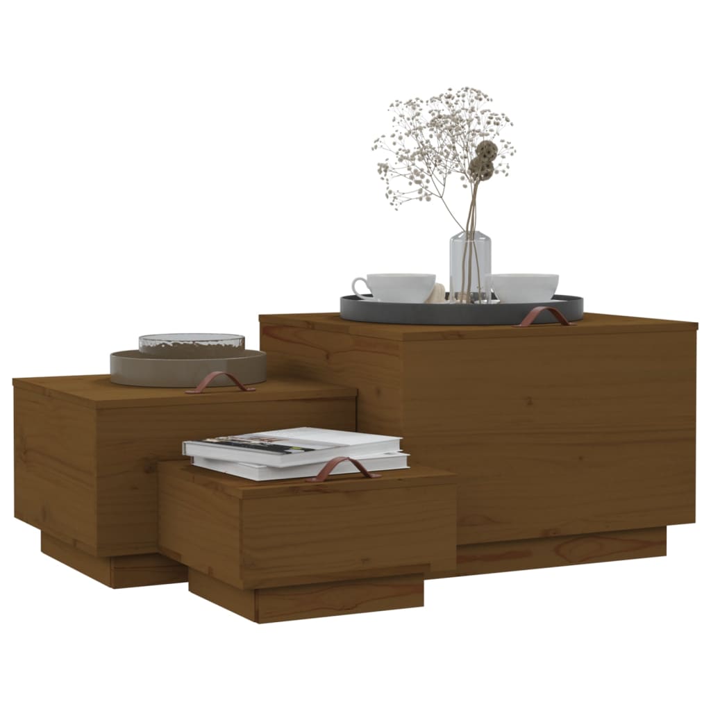 Storage boxes with lids 3 pcs. Brown solid pine wood