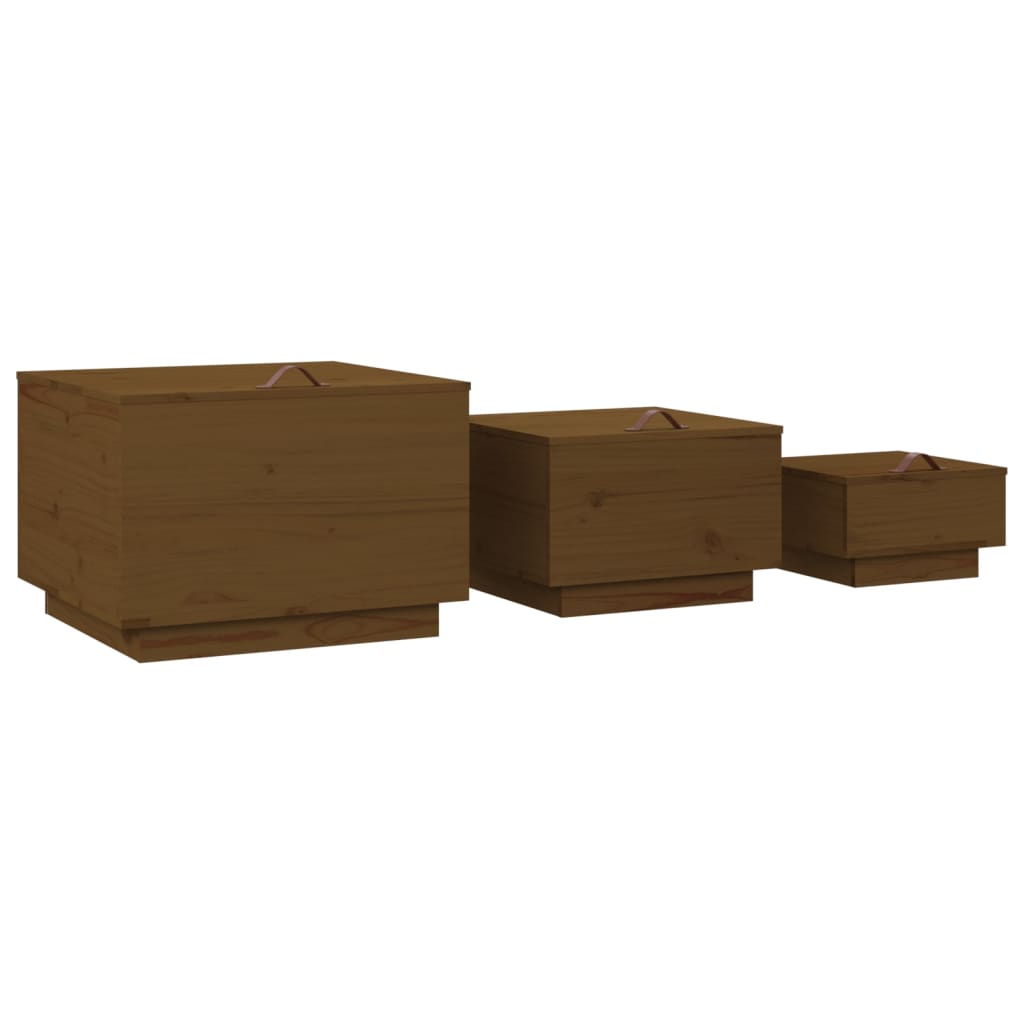 Storage boxes with lids 3 pcs. Brown solid pine wood