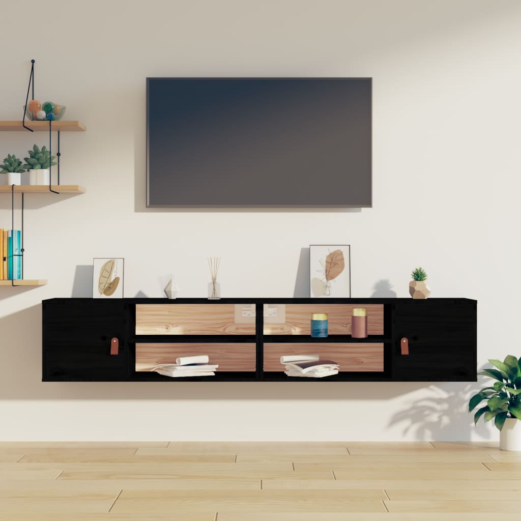Wall cabinets 2 pcs. Black 80x30x30 cm solid pine wood