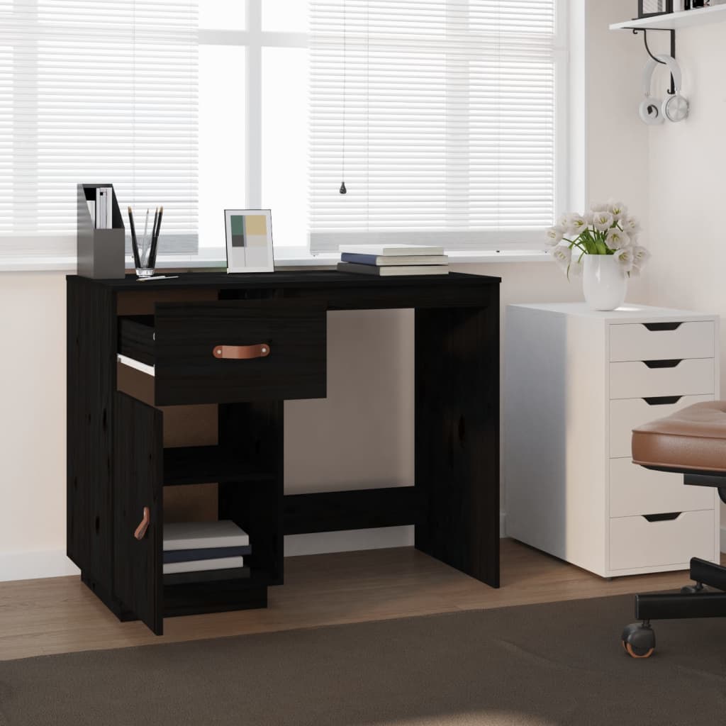 Desk black 95x50x75cm solid pine wood