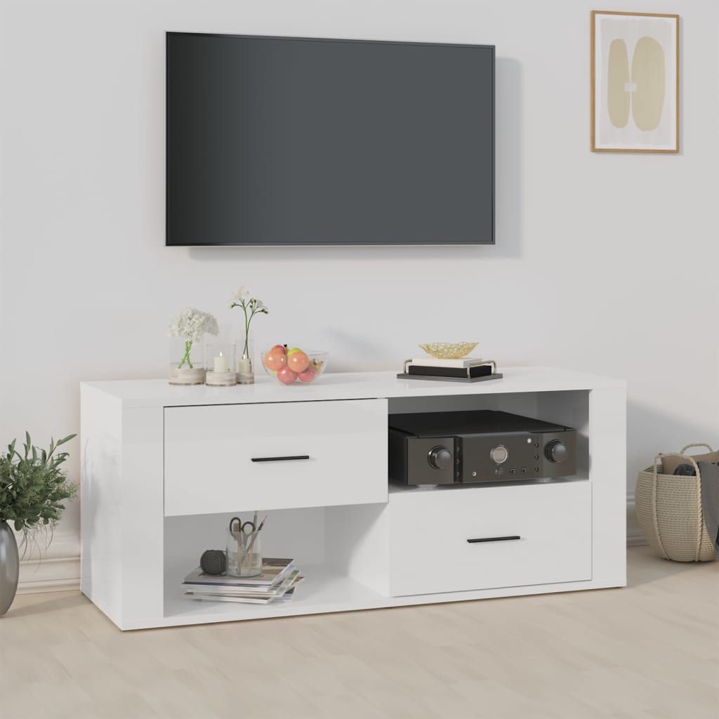 TV cabinet high-gloss white 100x35x40 cm made of wood