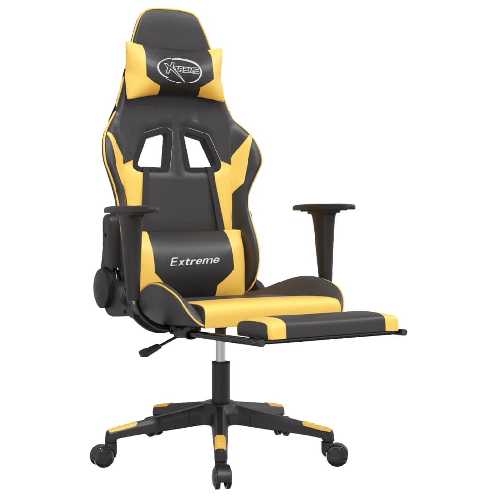 Gaming chair with footrest black and golden faux leather