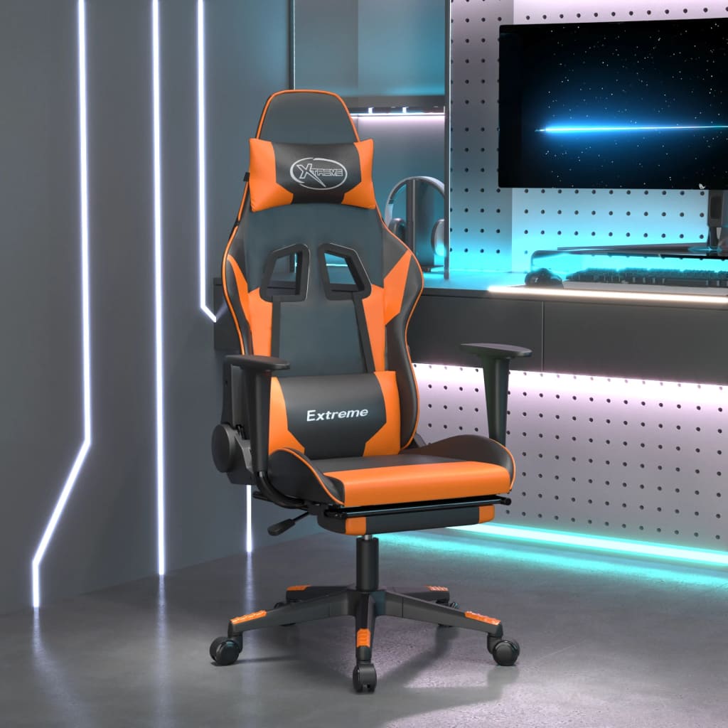 Gaming chair with footrest black and orange faux leather