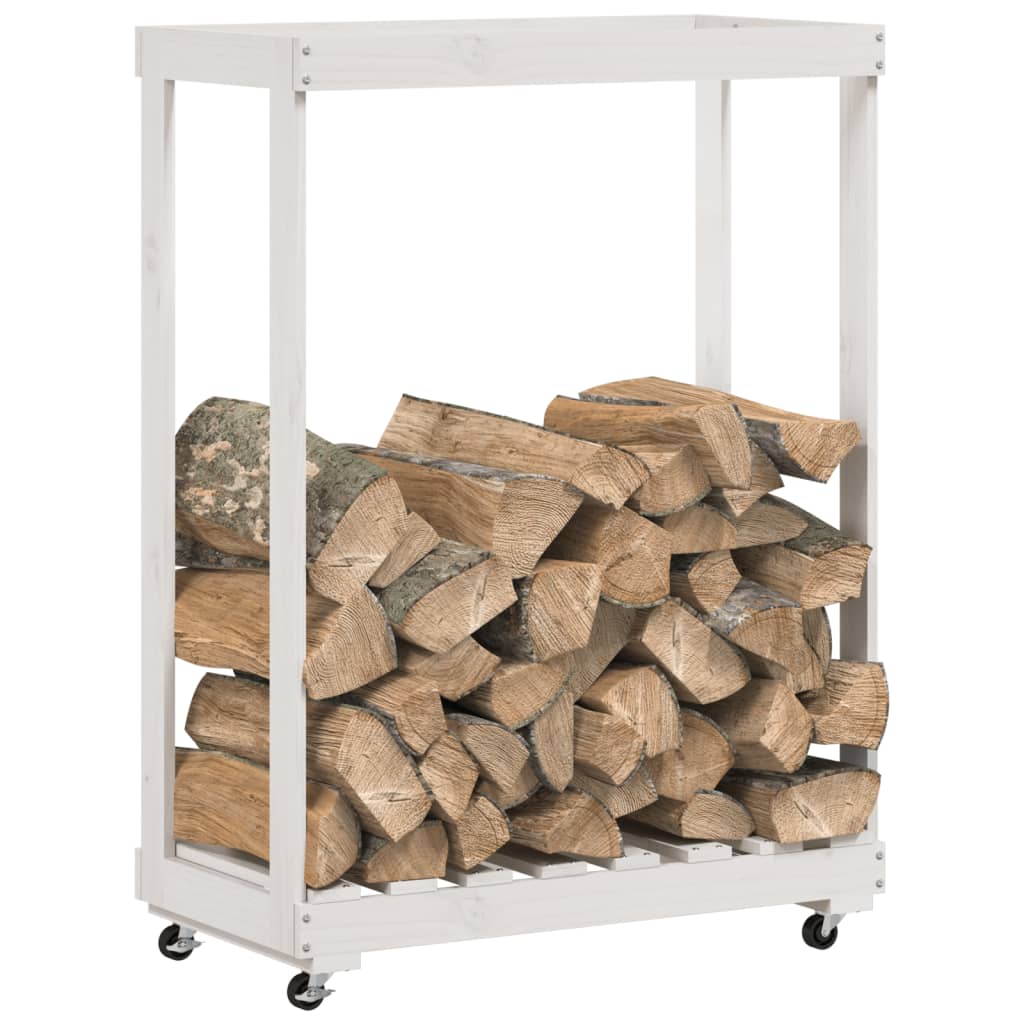 Firewood rack with wheels white 76.5x40x108 cm solid pine wood