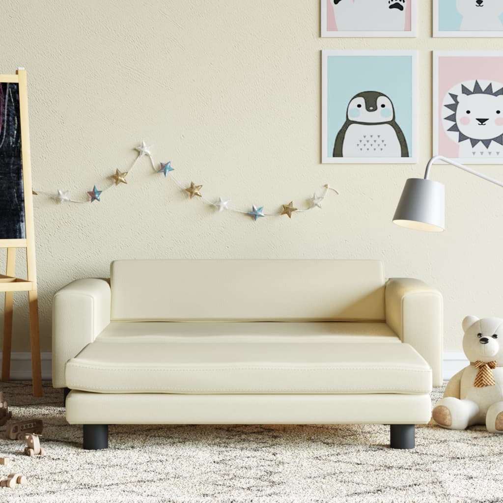 Kindersofa mit Hocker Creme 100x50x30 cm Kunstleder