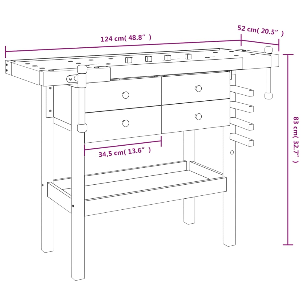 Workbench with drawers vices 124x52x83 cm acacia wood