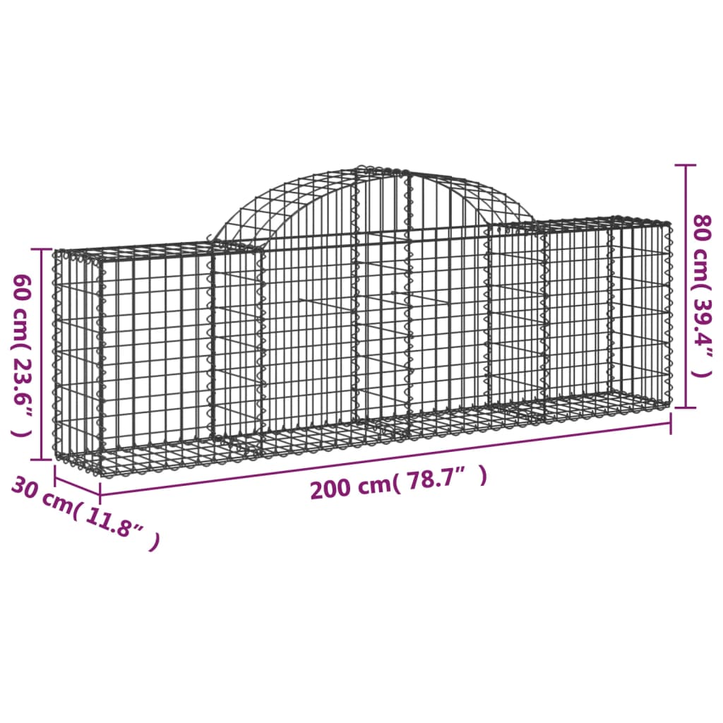 Gabionen mit Hochbogen 2 Stk. 200x30x60/80 cm Verzinktes Eisen