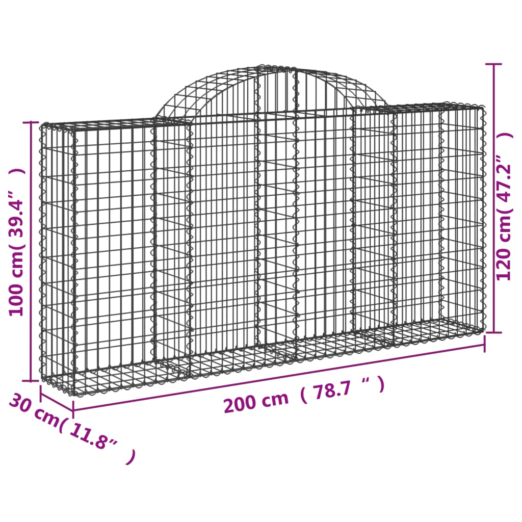 Gabions with high arch 2 pieces 200x30x100/120cm Galvanized iron