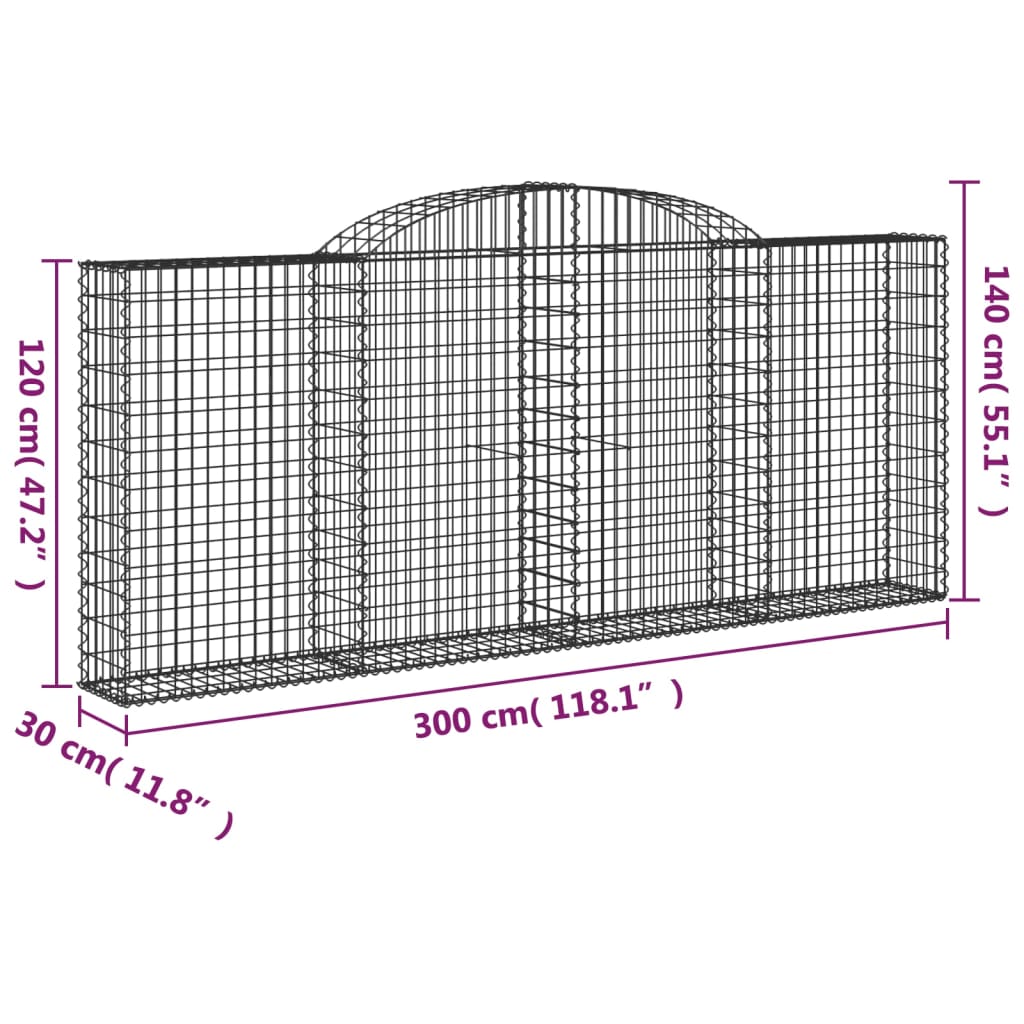 Gabionen mit Hochbogen 12 Stk 300x30x120/140cm Verzinktes Eisen