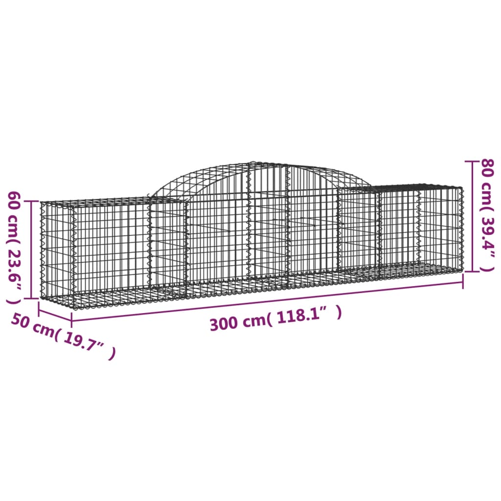 Gabionen mit Hochbogen 2 Stk. 300x50x60/80 cm Verzinktes Eisen