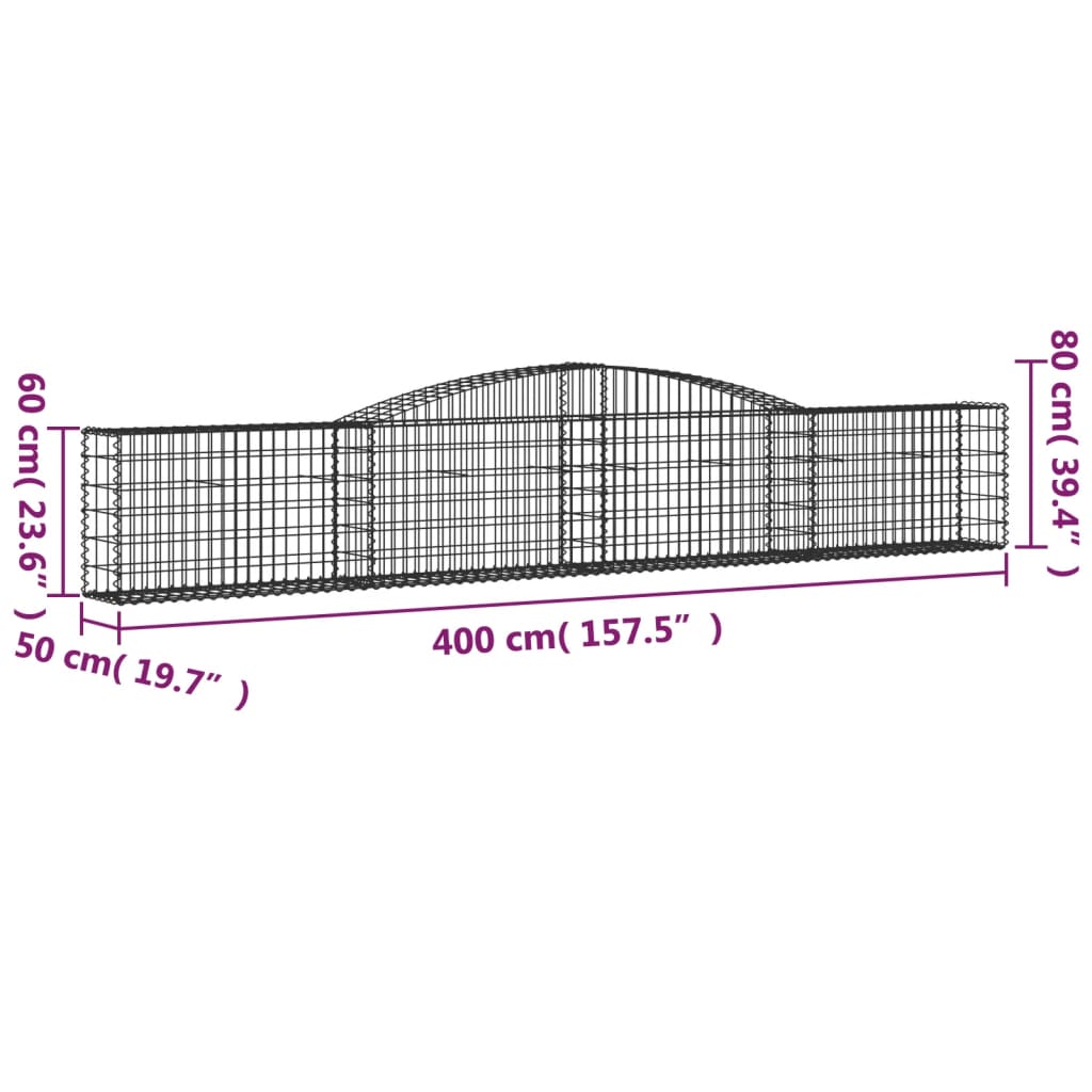 Gabionen mit Hochbogen 2 Stk. 400x50x60/80 cm Verzinktes Eisen