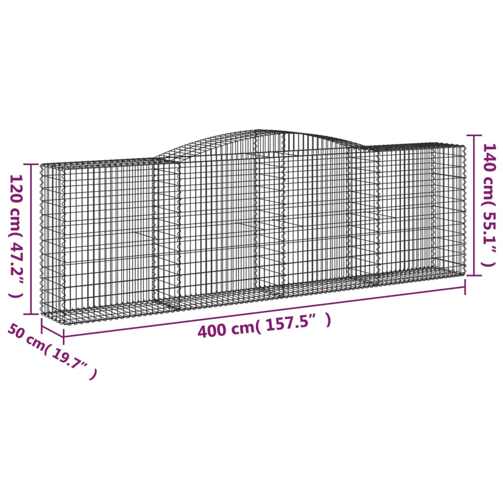 Gabionen mit Hochbogen 2 Stk. 400x50x120/140cm Verzinktes Eisen