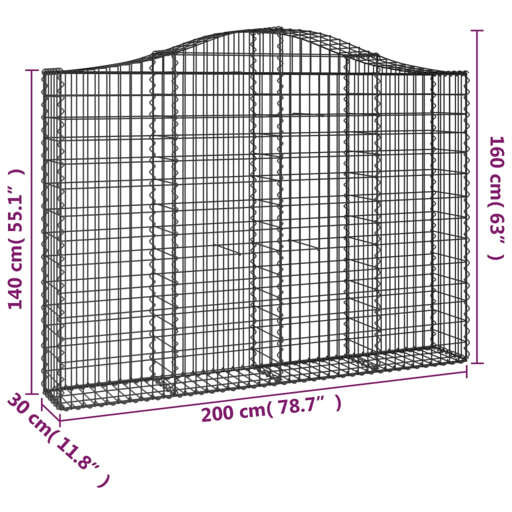 Gabione mit Hochbogen 200x30x140/160 cm Verzinktes Eisen